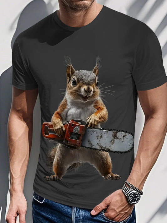 Men's Novelty Graphic T-Shirt - 3D Printed Squirrel with Chainsaw & "I'm a Squirrel" Design