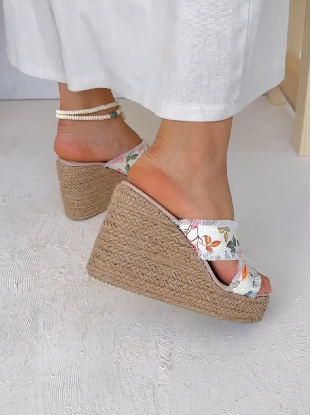 Floral Cross Strap Espadrille Wedge Sandals