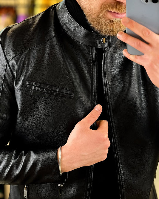 Men's Black Faux Leather Biker Jacket – Slim Fit Moto Style Outerwear