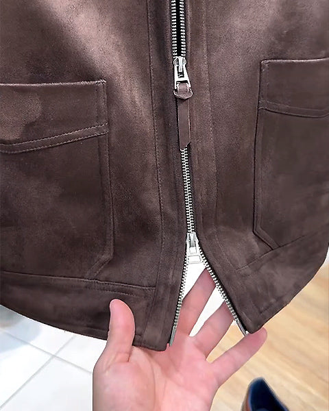 Suede Lapel Multi-Pocket Double Zip Jacket