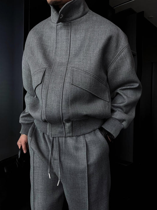 Slightly Wide Stand Collar Zipper Jacket With Silver Buttons