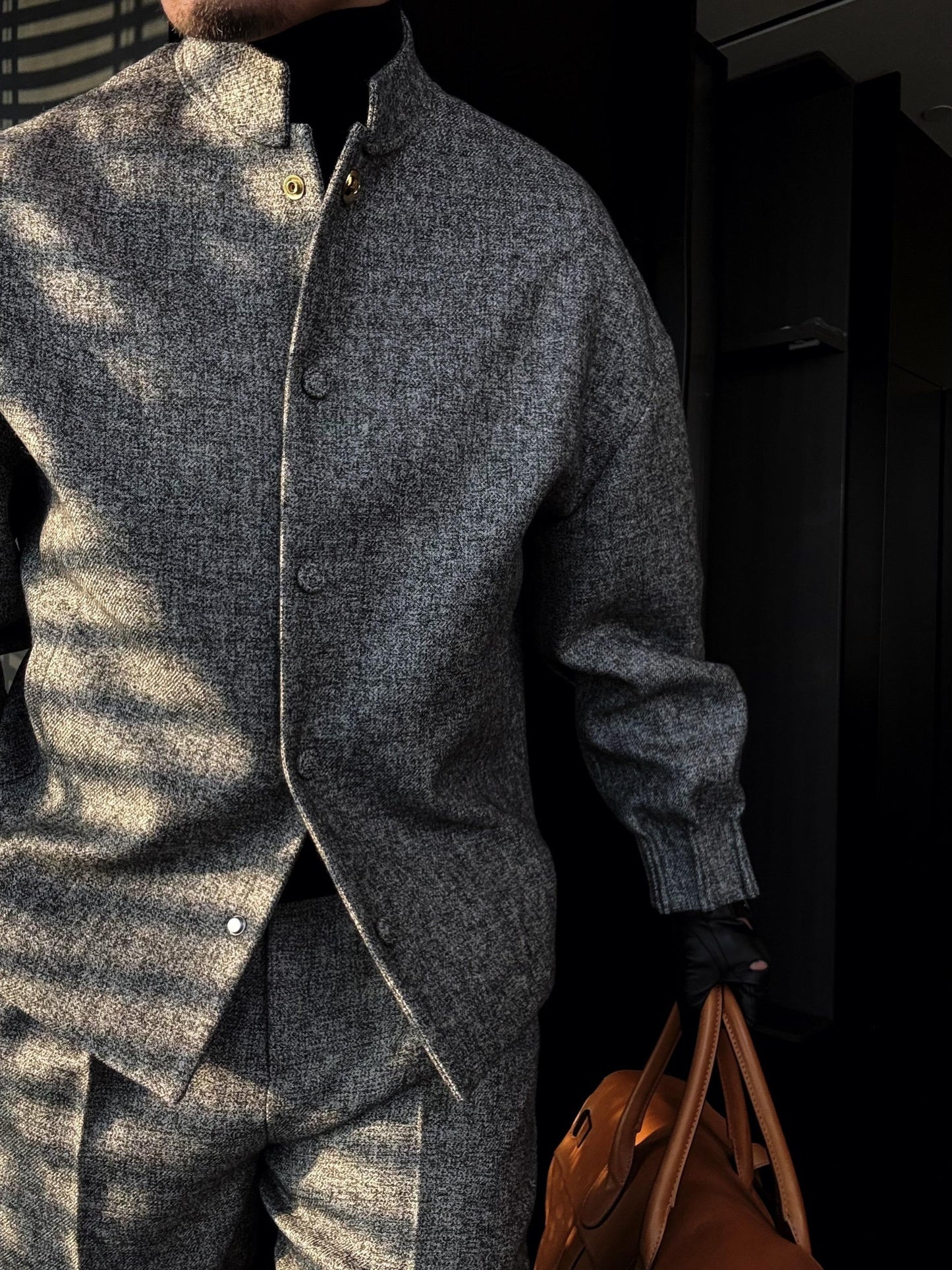 Men's Short Grey Grainy Jacket With Gold Buttons