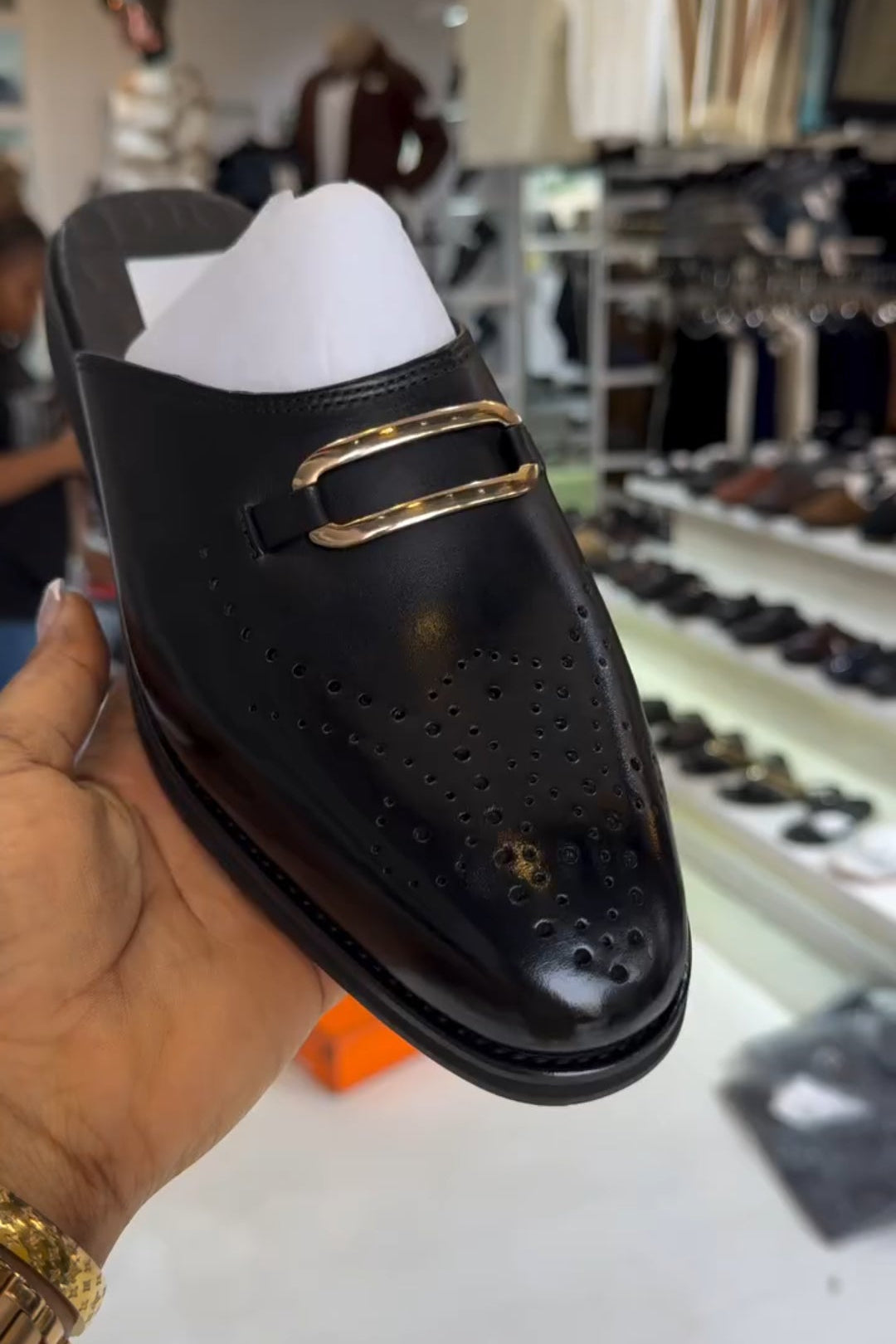 Men's Black Calfskin Perforated Half Slippers