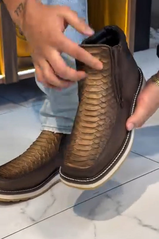 Ares Scale-Pattern Leather Zip Boots – Rustic Brown Power