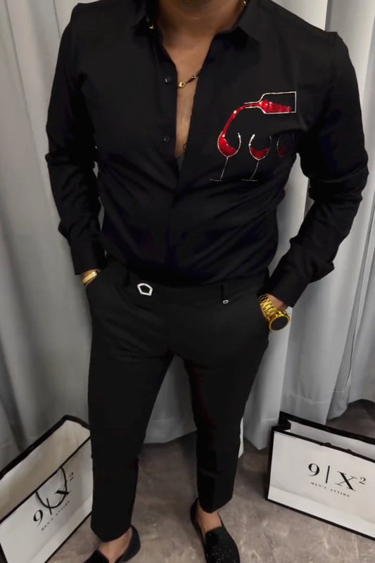 Red Wine Sequin Embroidered Party Shirt