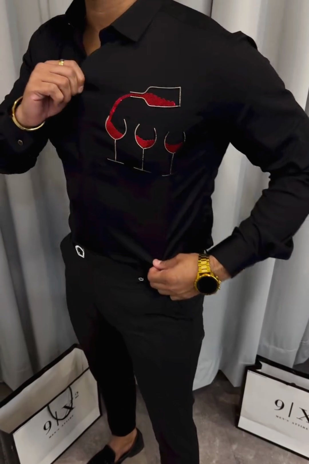 Red Wine Sequin Embroidered Party Shirt