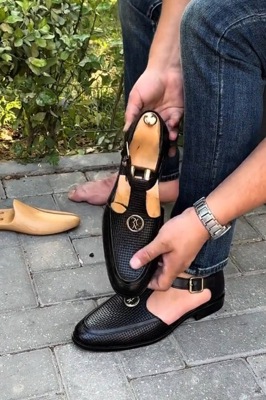 Men’s Black T-Strap Cut-Out Design Leather Loafers