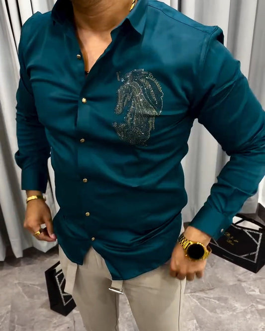 Sequined Horse Head Print Classic Shirt