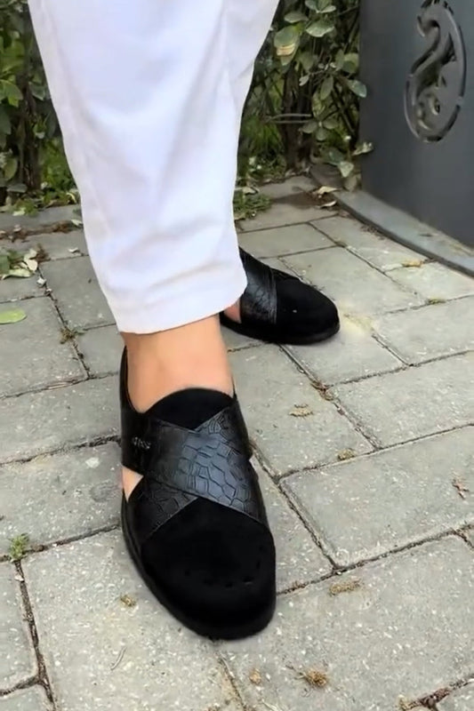 Cross Straps Suede Stitching Slip-on Loafers