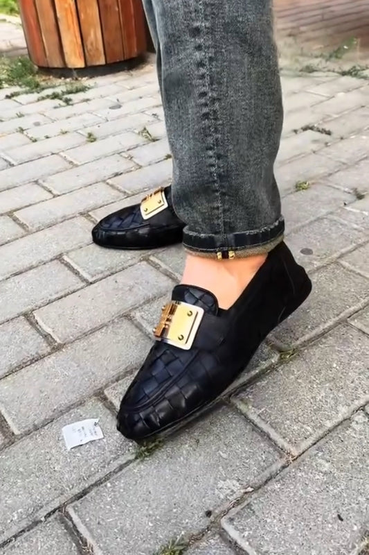 Luxury Quilted Leather Loafers with Gold Metal Plate