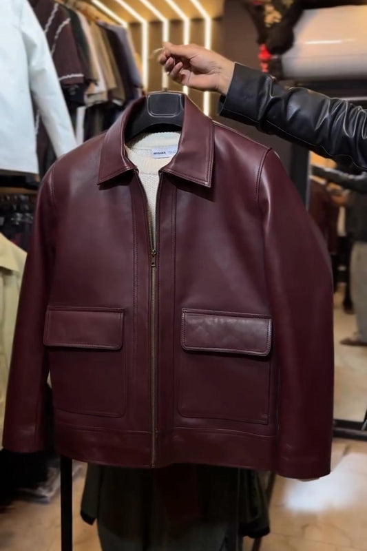 Wine Red Double Pocket PU Leather Jacket