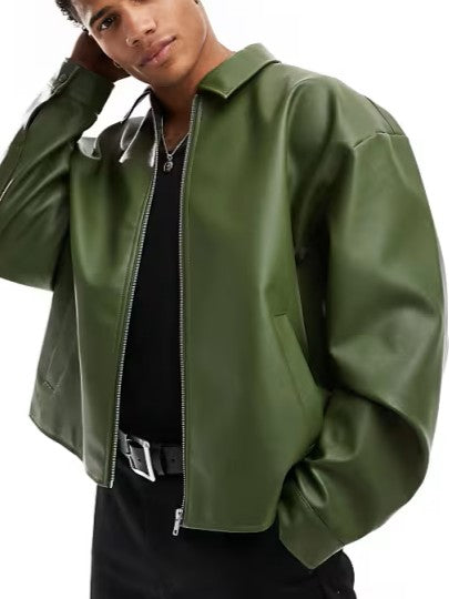 Boxy Oversized Faux Leather Harrington Jacket In Green