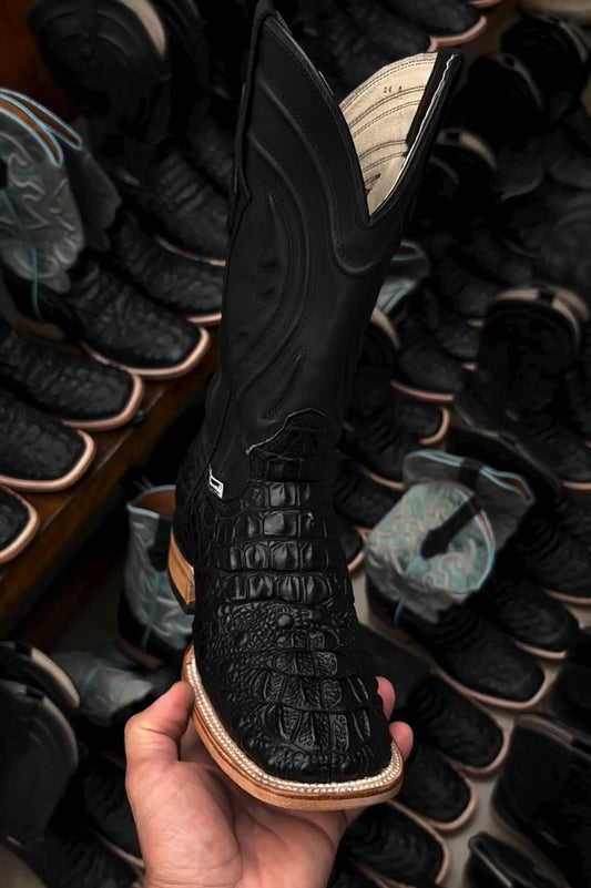 Black Croc-Embossed Western Cowboy Boots