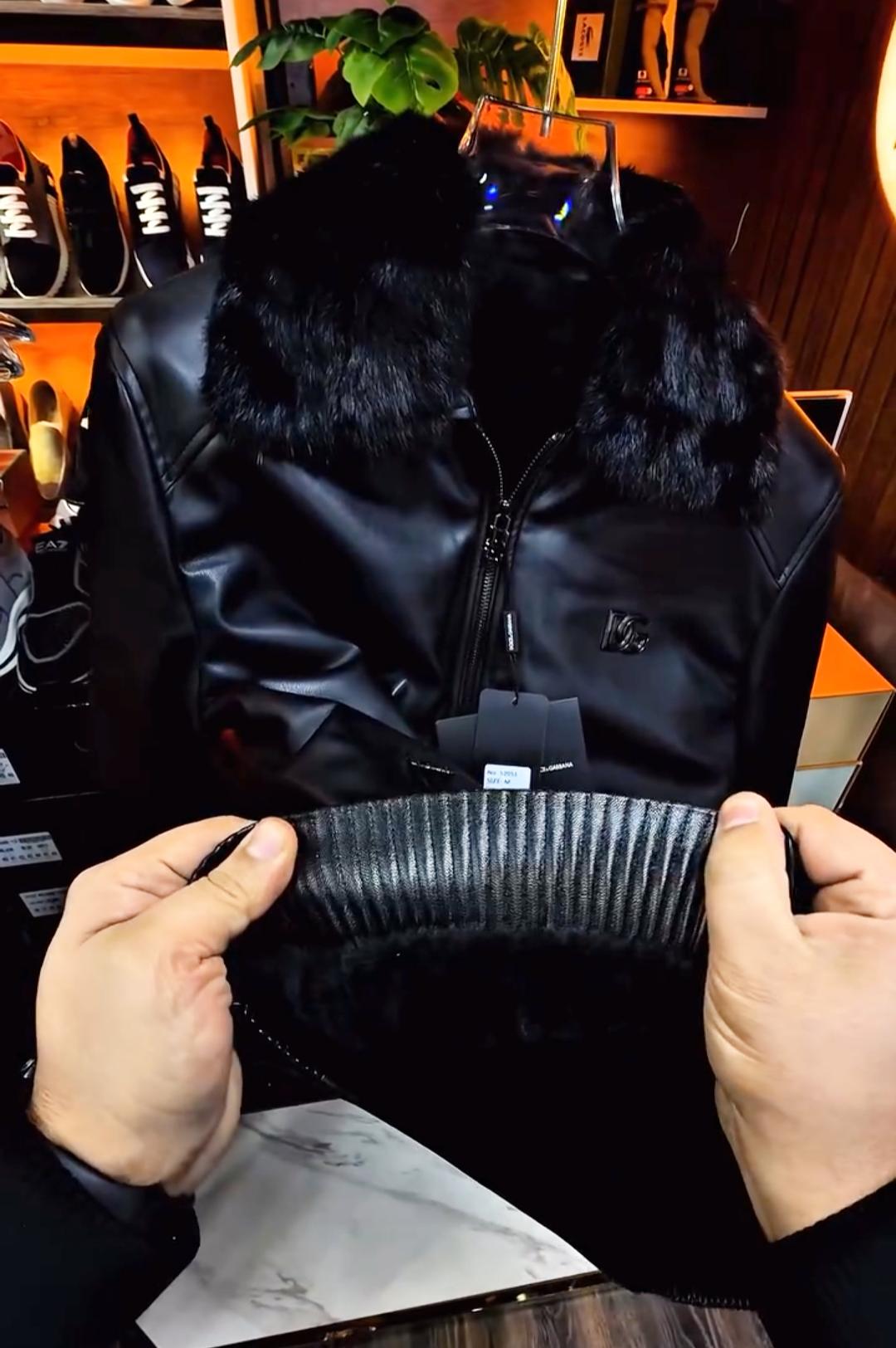 Men’s Zip-Front Leather Jacket with Faux Fur Collar