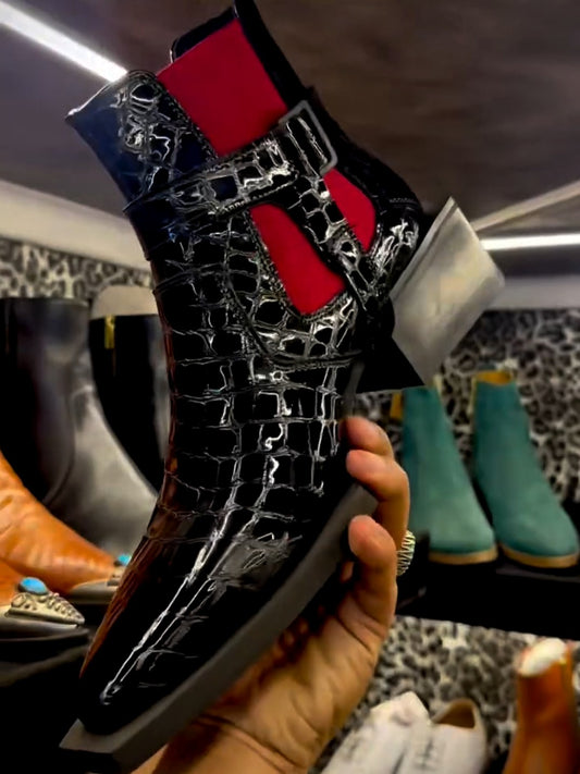 Handmade Block Heel Embossed Leather Chelsea Boots