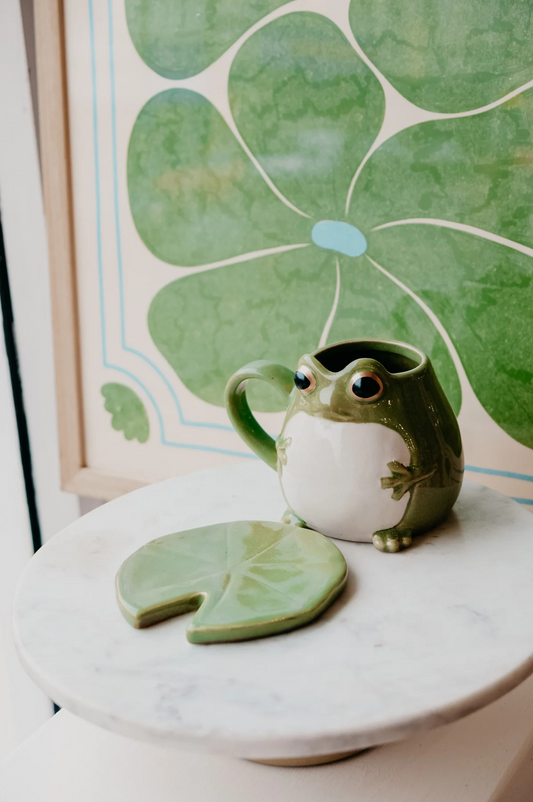 Cottagecore Frog Mug with Lily Pad Coaster