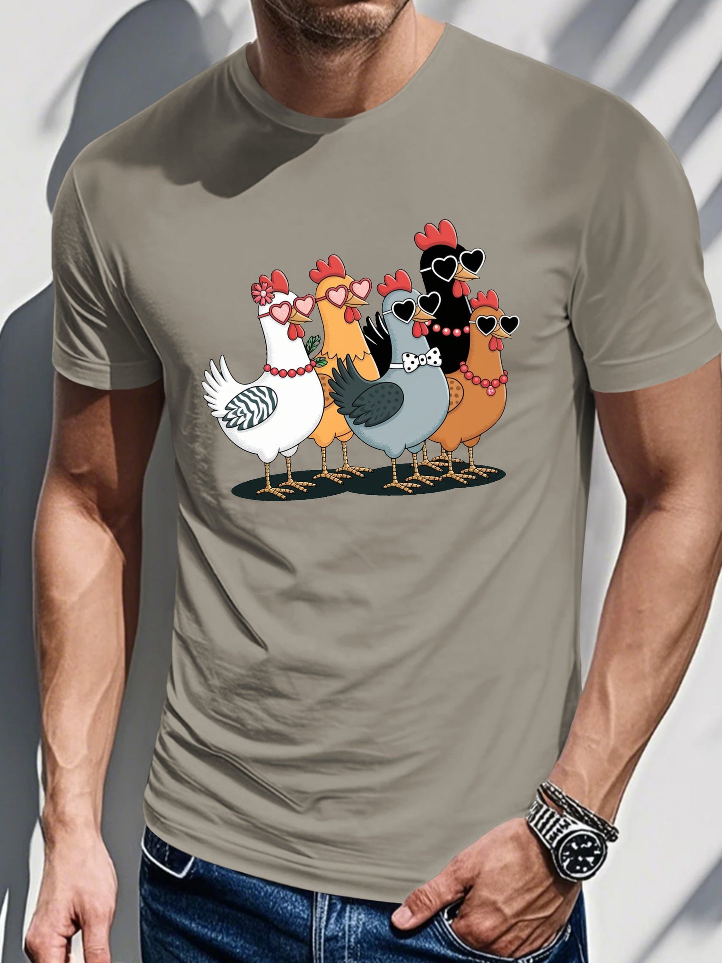 Men's Printed T-shirt-Gentleman Chicken with Sunglasses Graphics