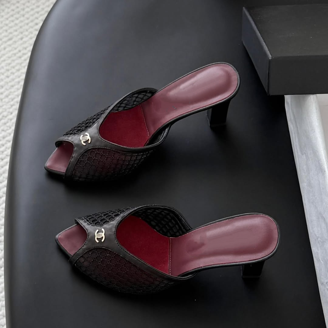 Mesh & Leather CC Open Toe Slip-On Mule Sandals