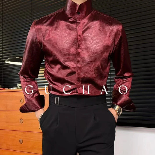Men’s Satin Stand Collar Long Sleeve Shirt