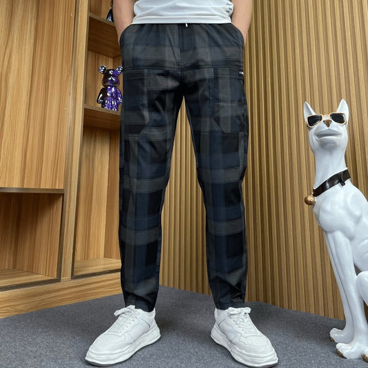 Black Blue Check Stretch Slim Pants