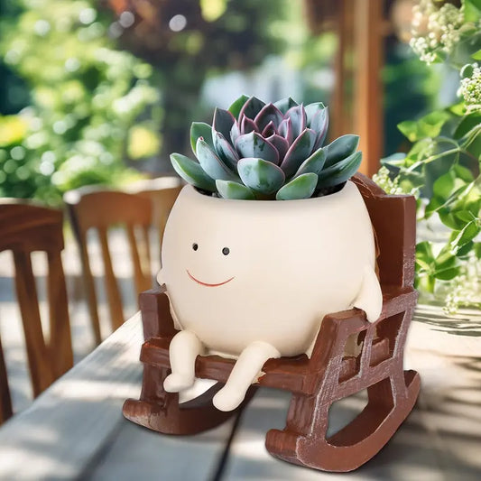 Smily Face Rocking Chair Cute Resin Flower Head Succulent Planter Pots with Drainage Hole
