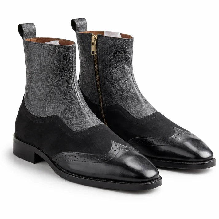 Men's Embossed Leather Brogue Zip Aankle Boots