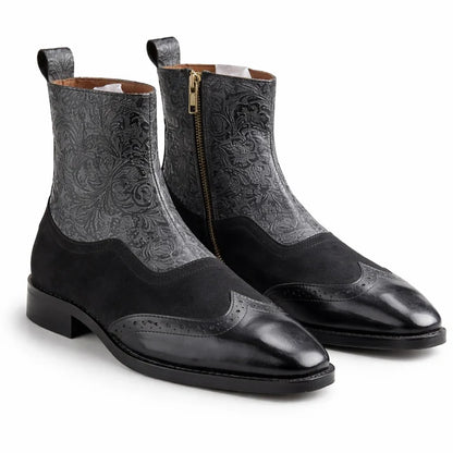 Men's Embossed Leather Brogue Zip Aankle Boots
