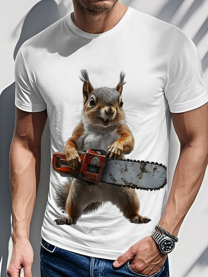 Men's Novelty Graphic T-Shirt - 3D Printed Squirrel with Chainsaw & "I'm a Squirrel" Design