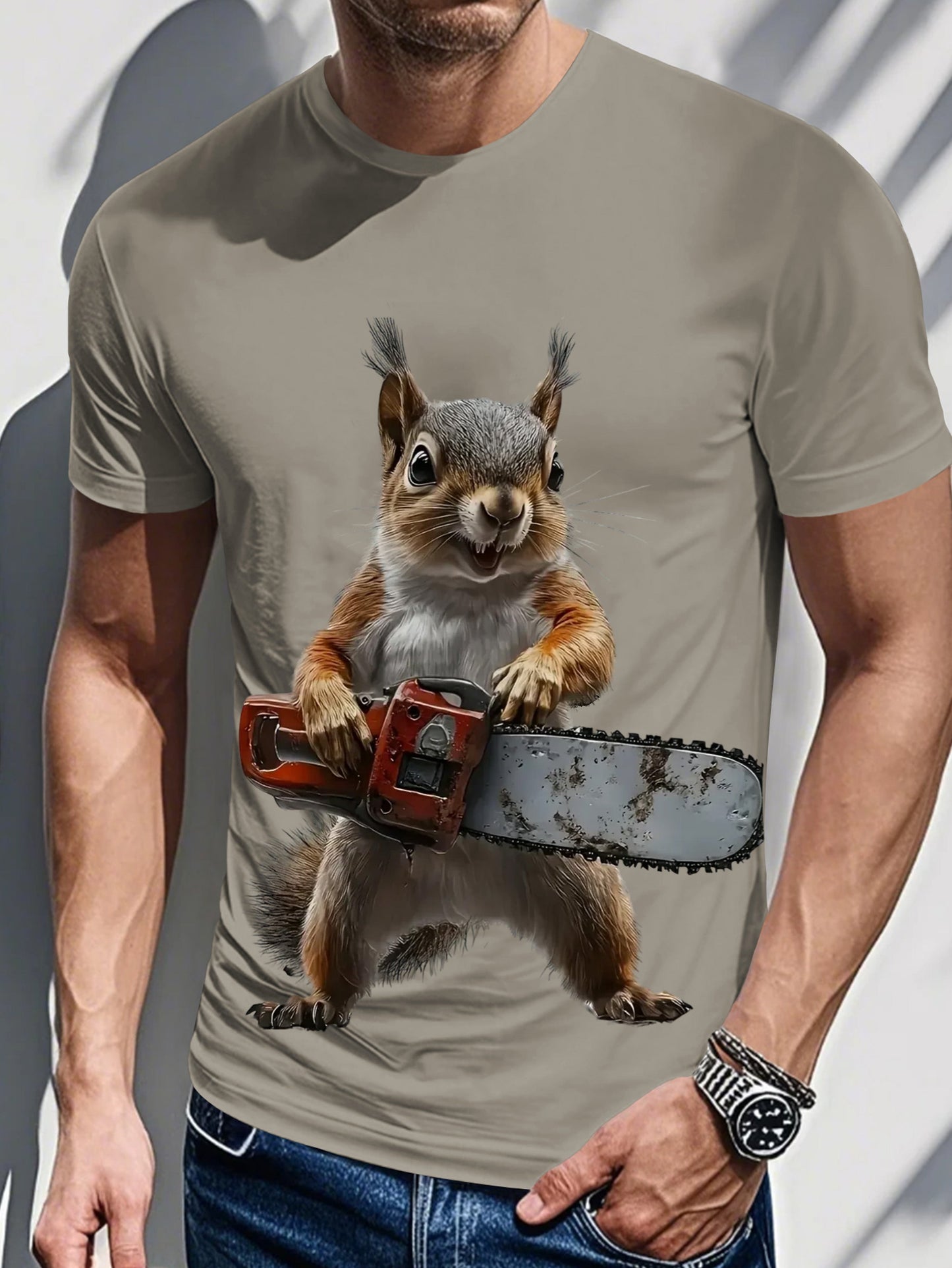 Men's Novelty Graphic T-Shirt - 3D Printed Squirrel with Chainsaw & "I'm a Squirrel" Design