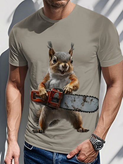 Men's Novelty Graphic T-Shirt - 3D Printed Squirrel with Chainsaw & "I'm a Squirrel" Design