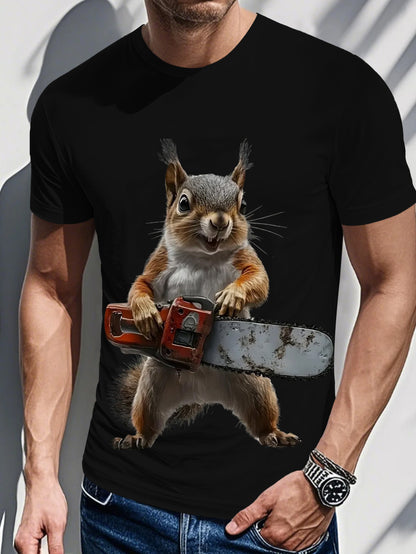 Men's Novelty Graphic T-Shirt - 3D Printed Squirrel with Chainsaw & "I'm a Squirrel" Design