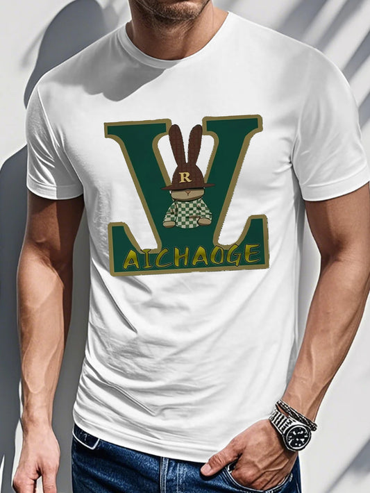 Men's Summer Casual Loose Fit T-Shirt - Olive Green Geometric Letter Print Round Neck Tee