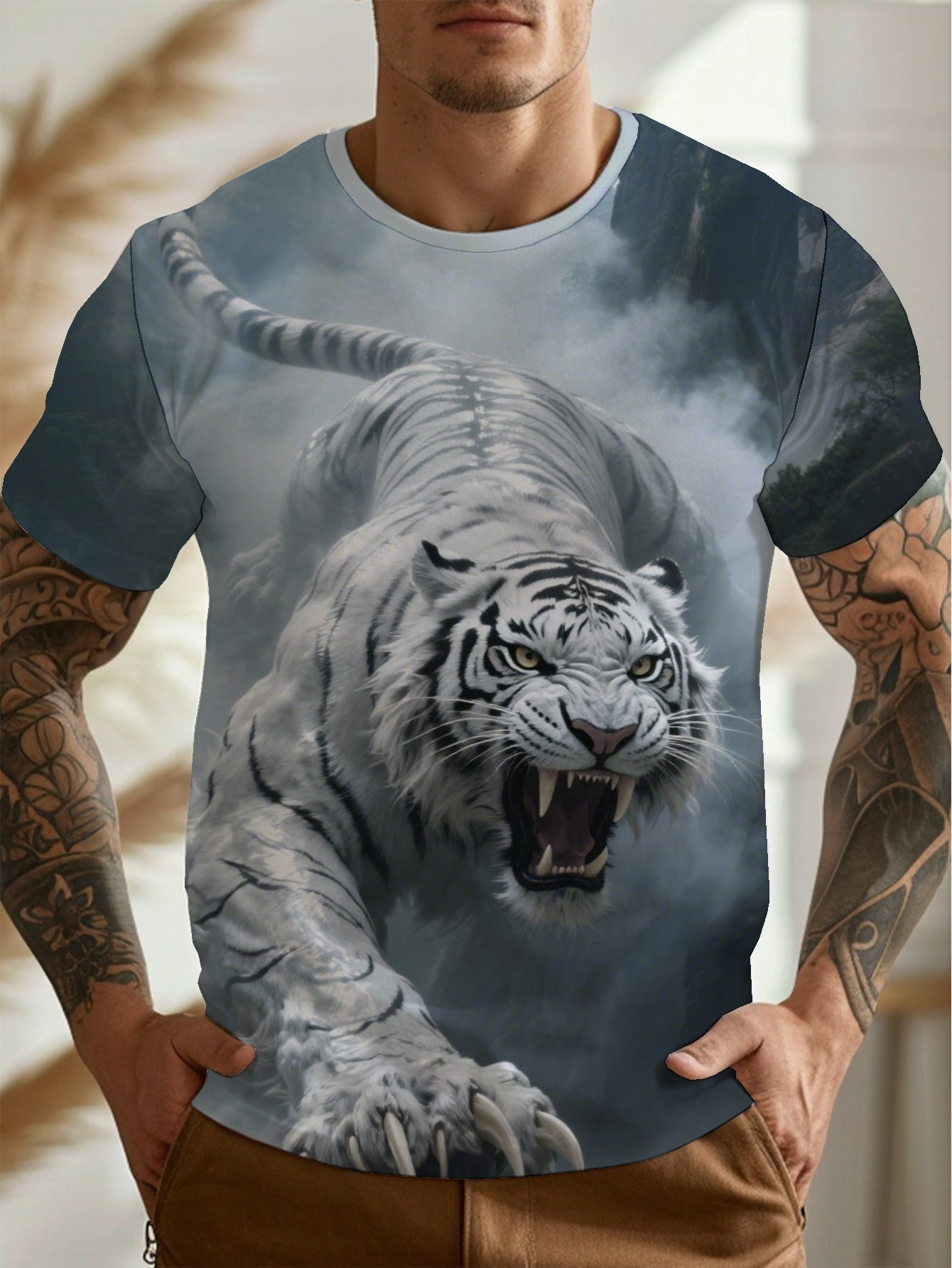 White Tiger Men's short-sleeved T-shirt summer T-shirt top full of print