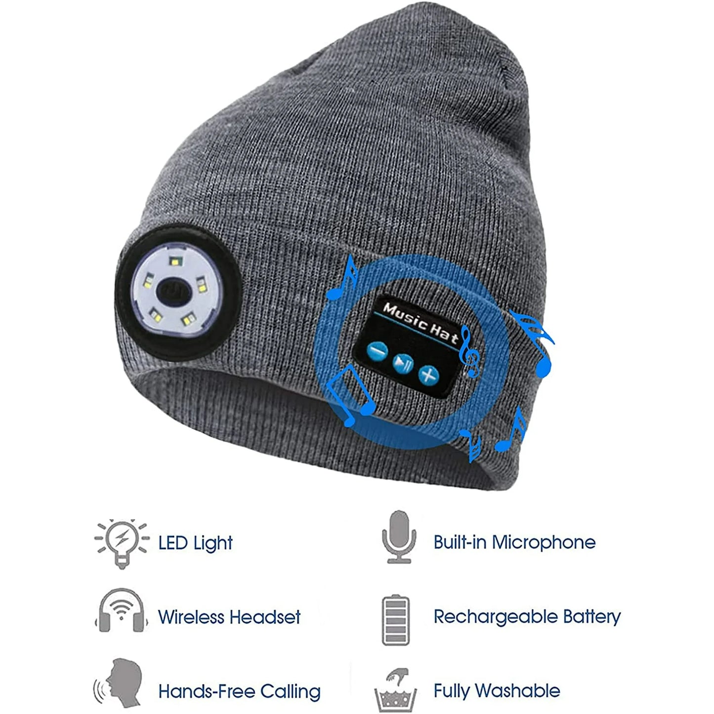 Bluetooth Beanie Hat with Light, USB Rechargeable Music Winter Hat