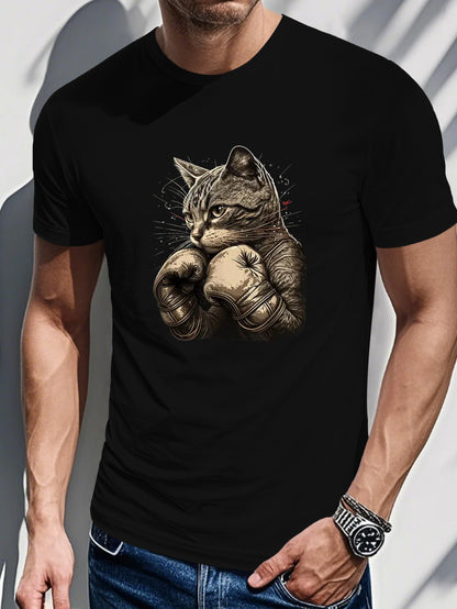 Lightweight Breathable Cotton Men's Casual Black T-Shirt - Boxing Cat Graphic