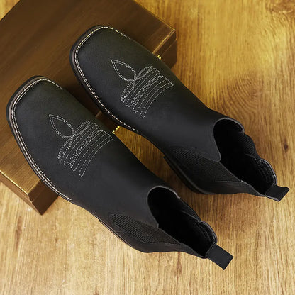 Men's Western Cowboy Boots Square-Toe Chelsea Ankle Boots