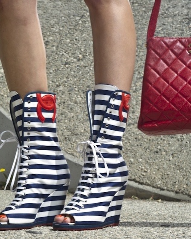 Open-Toe Striped Canvas Wedge Boots