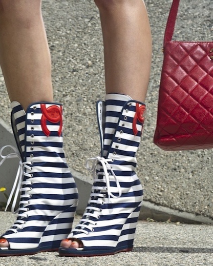 Open-Toe Striped Canvas Wedge Boots