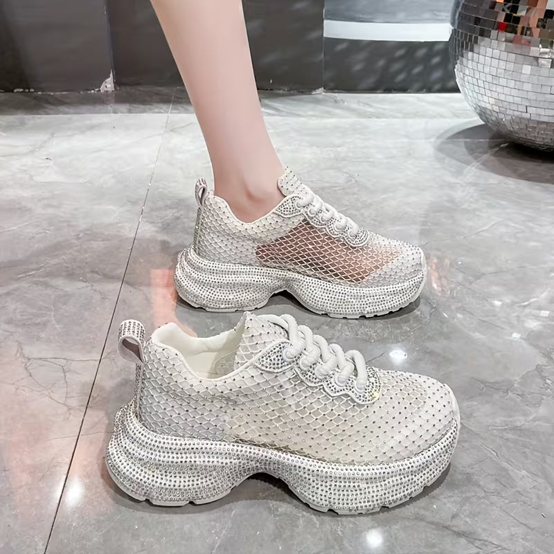 Women's Textile Mash Sparkling Sequin Thick Sole Sneakers