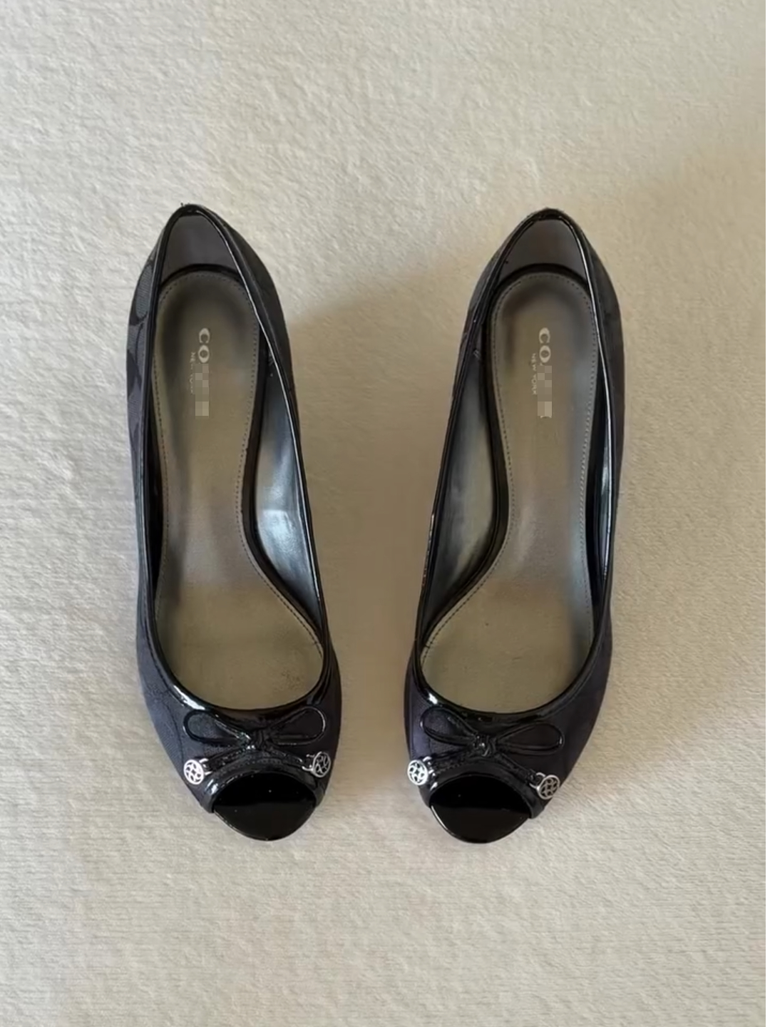 Monogram Peep Toe Wedge Shoes with Patent Trim & Bow