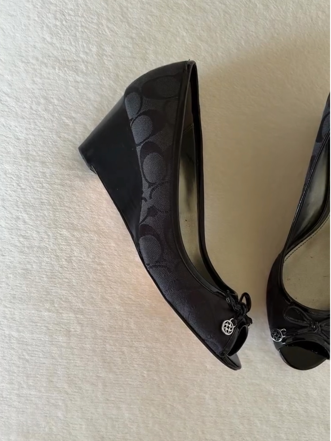 Monogram Peep Toe Wedge Shoes with Patent Trim & Bow