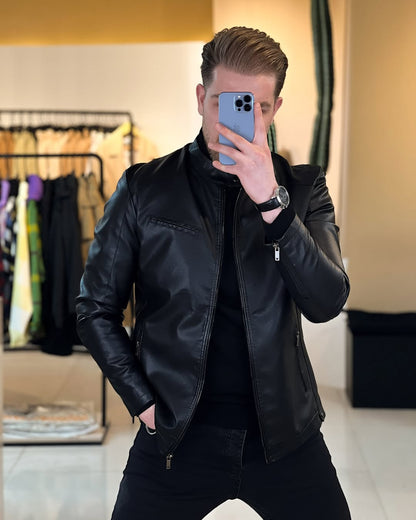Men's Black Faux Leather Biker Jacket – Slim Fit Moto Style Outerwear