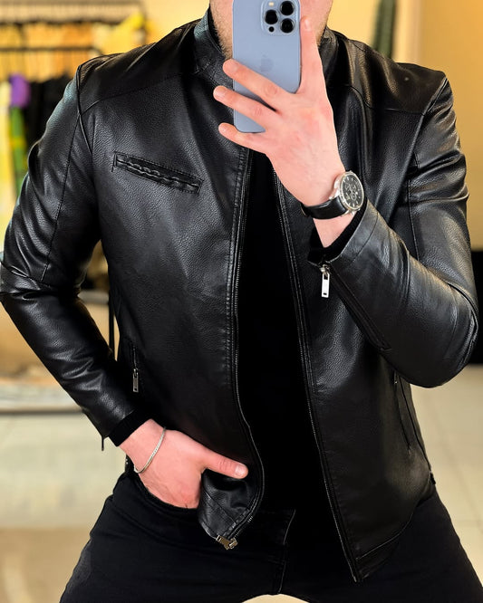 Men's Black Faux Leather Biker Jacket – Slim Fit Moto Style Outerwear
