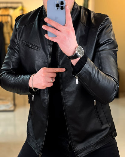 Men's Black Faux Leather Biker Jacket – Slim Fit Moto Style Outerwear