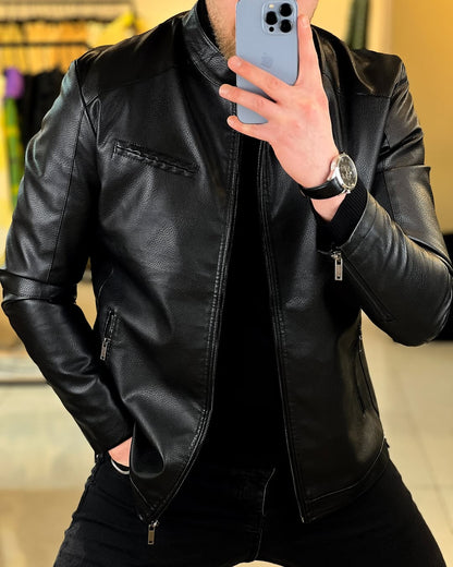 Men's Black Faux Leather Biker Jacket – Slim Fit Moto Style Outerwear