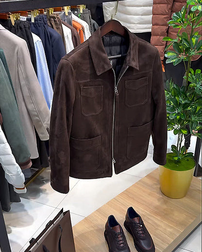 Suede Lapel Multi-Pocket Double Zip Jacket
