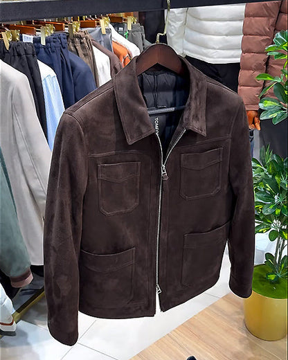 Suede Lapel Multi-Pocket Double Zip Jacket