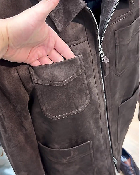Suede Lapel Multi-Pocket Double Zip Jacket