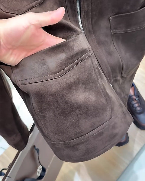 Suede Lapel Multi-Pocket Double Zip Jacket