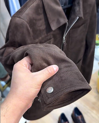 Suede Lapel Multi-Pocket Double Zip Jacket